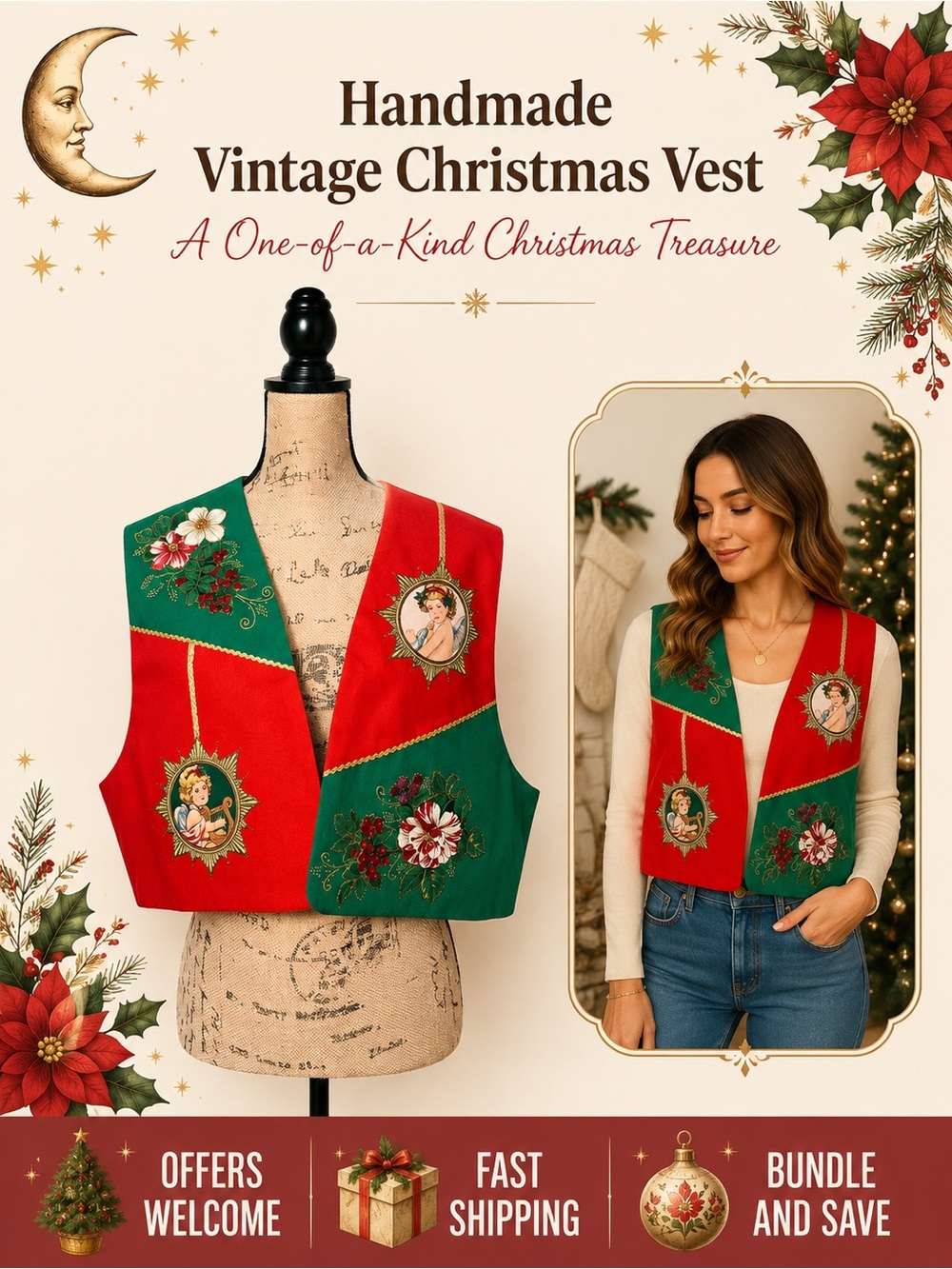 Handmade Vintage Christmas Vest Angel Victorian Holiday One Size Unique Design